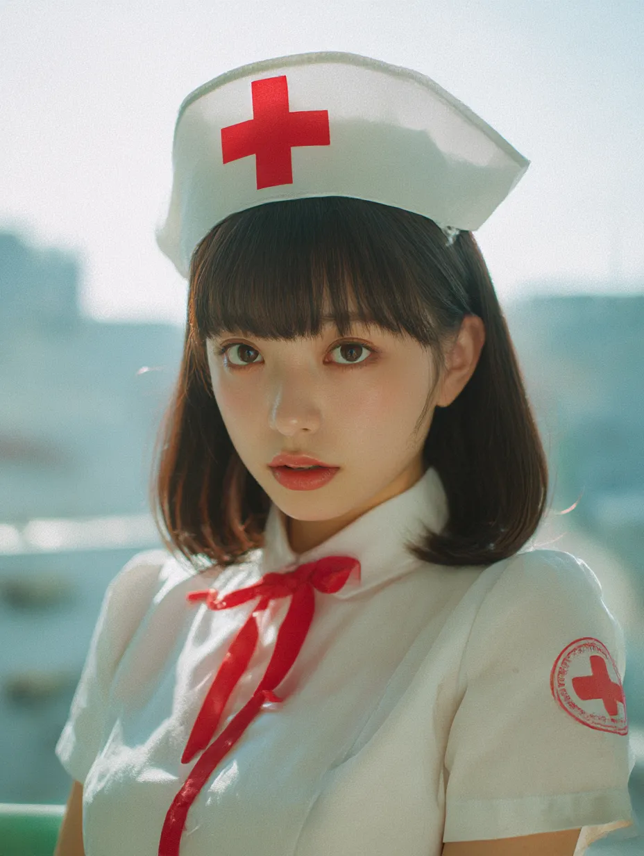 自然光が映える清純系ハロウィンナース写真｜逆光気味の自然光が顔を柔らかく照らすナース姿。赤十字マークの帽子と上品な赤リボンが印象的で、透明感のある美しさを際立たせている。