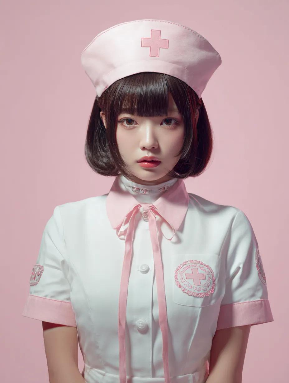 ピンクモチーフの可憐なハロウィンナース写真｜パステルピンクをアクセントにしたナーススタイル。背景も同色で統一され、ガーリーでドールライクな世界観が完成されたキュート系演出。