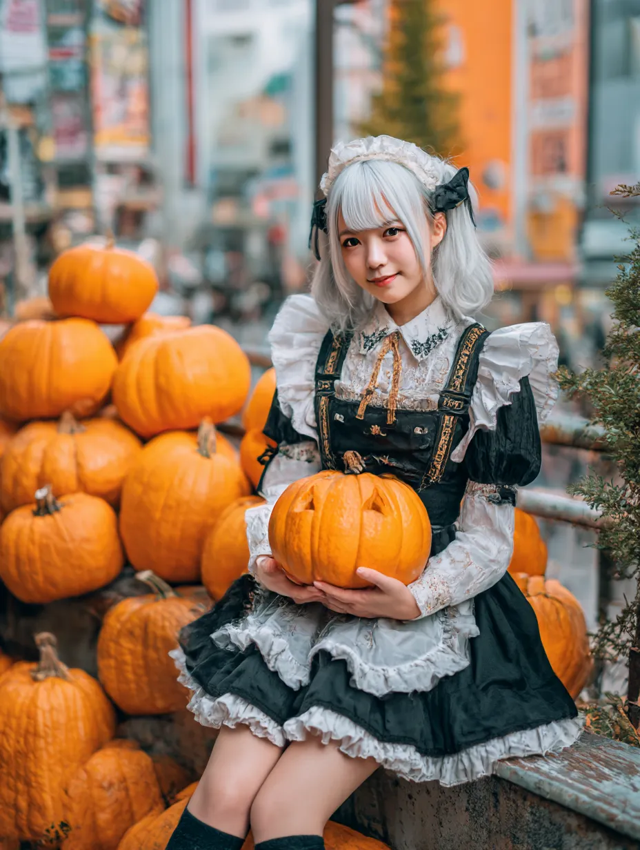 銀髪メイドとカボチャのハロウィンメイド写真｜ロリータ調の黒白メイド服に銀髪ウィッグを合わせた王道コス。街中のカボチャディスプレイと調和し、幻想的なハロウィンムードを盛り上げる。