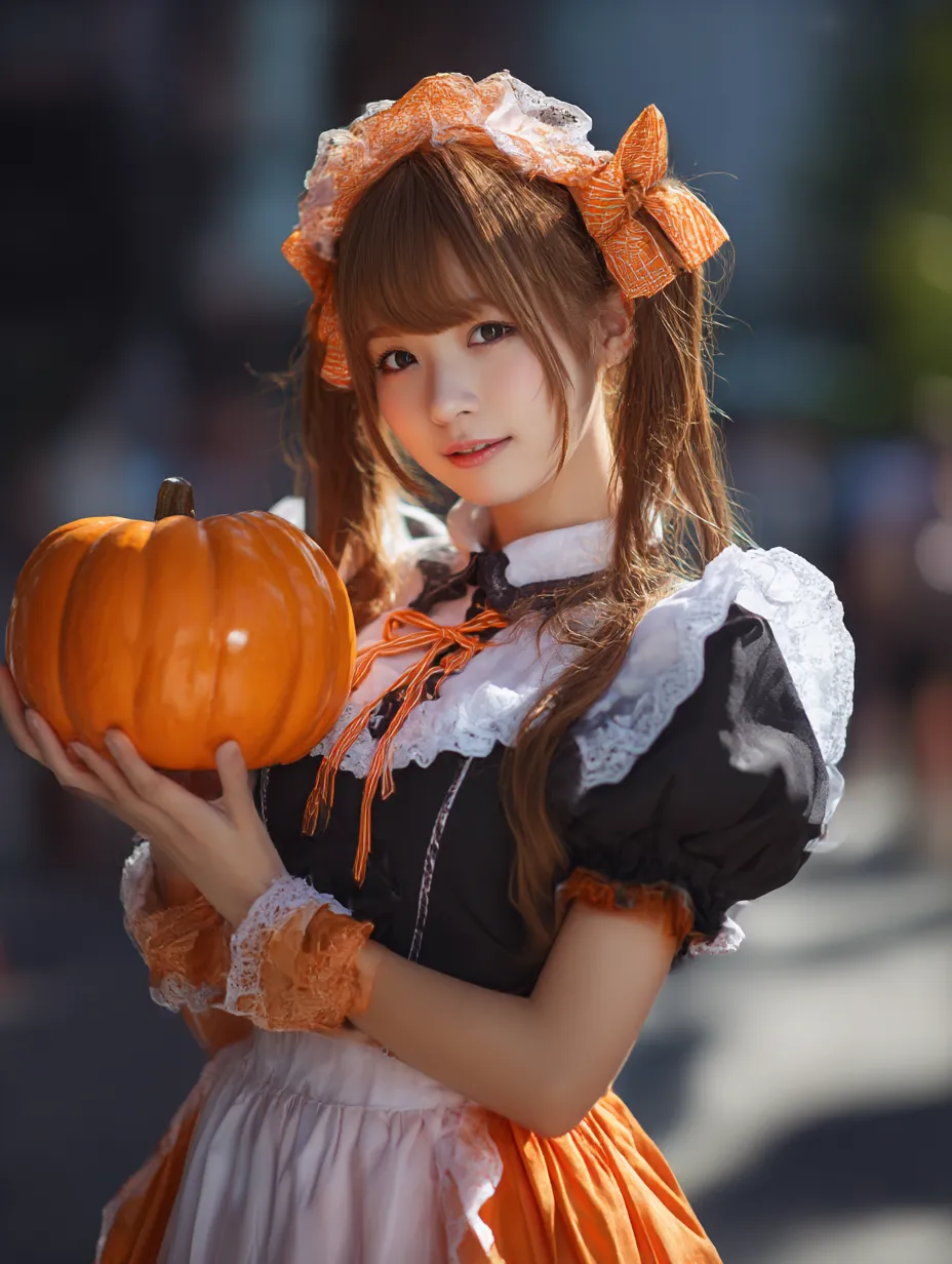 オレンジメイド姿のハロウィンメイド写真｜パンプキンカラーを基調としたメイド衣装が秋らしい雰囲気。明るい陽射しの中での撮影が、柔らかな華やかさとシーズン感を際立たせている。
