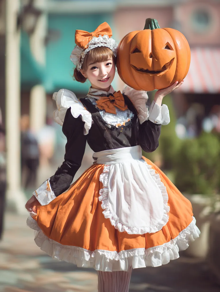 笑顔のパンプキンメイドのハロウィンメイド写真｜大きなリボンとフリル満載のメイド服がチャーミング。満面の笑顔とポップな色合いが、パレード風のハロウィンを連想させる明るい世界観。