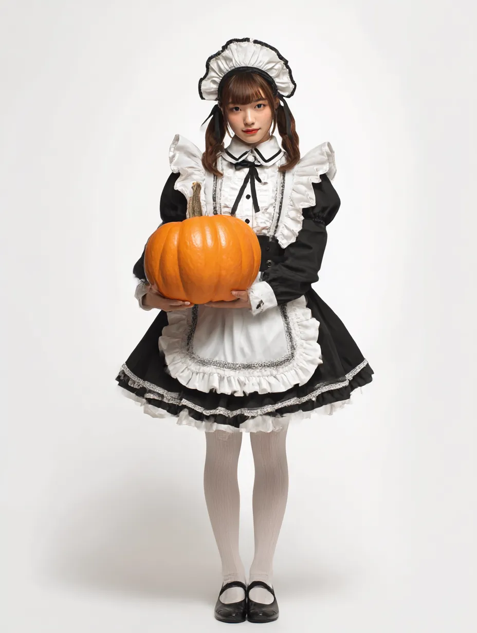 王道メイドコーデのハロウィンメイド写真｜ツインテールとふわりと広がるスカートが印象的な王道メイドスタイル。立ち姿でしっかりとパンプキンを抱える構図がクラシックな魅力を演出。