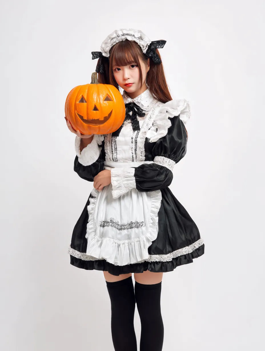 ツインテール少女のハロウィンメイド写真｜ふんわりとした黒白のメイド服にツインテールを合わせた愛らしい雰囲気。ジャックオランタンとのコントラストが映える王道ハロウィンスタイル。