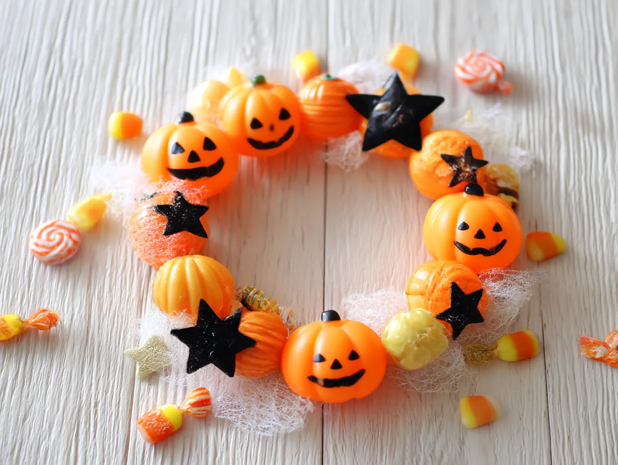 ハロウィンリース写真・プラスチックかぼちゃリース｜鮮やかなオレンジのプラスチック製かぼちゃを中心に構成されたリースは、ツヤ感と軽やかさがあり、明るいハロウィンデコレーションに最適です。