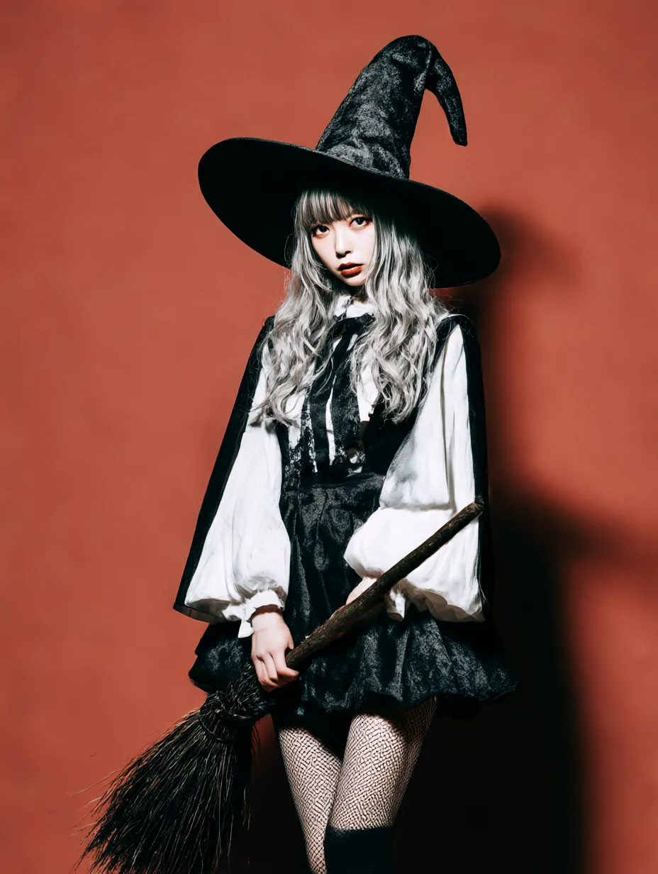 ハロウィン魔女写真・ほうきと立つ魔女｜レトロな赤背景に立つ魔女が黒いとんがり帽子と大きなほうきを携え、クラシカルな白黒コスチュームで登場。強い視線とともにファッション雑誌風のスタイリッシュな印象を演出。