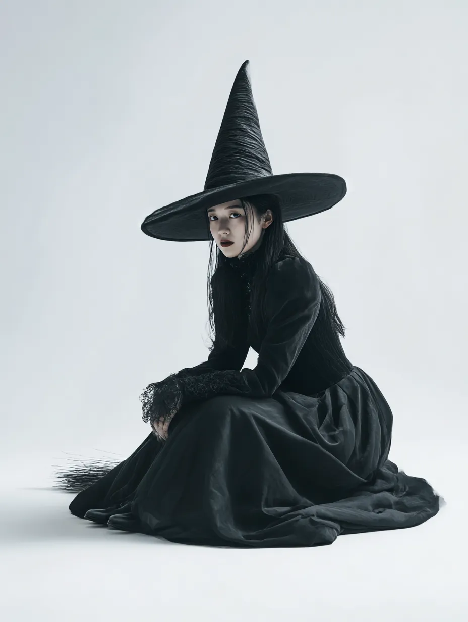 ハロウィン魔女写真・黒衣の座る魔女｜広がる黒ドレスに身を包み、座った姿勢でたたずむ魔女。冷たく研ぎ澄まされた印象を与えるミニマルな背景と繊細なレースのディテールが、美しい静謐さを漂わせる。