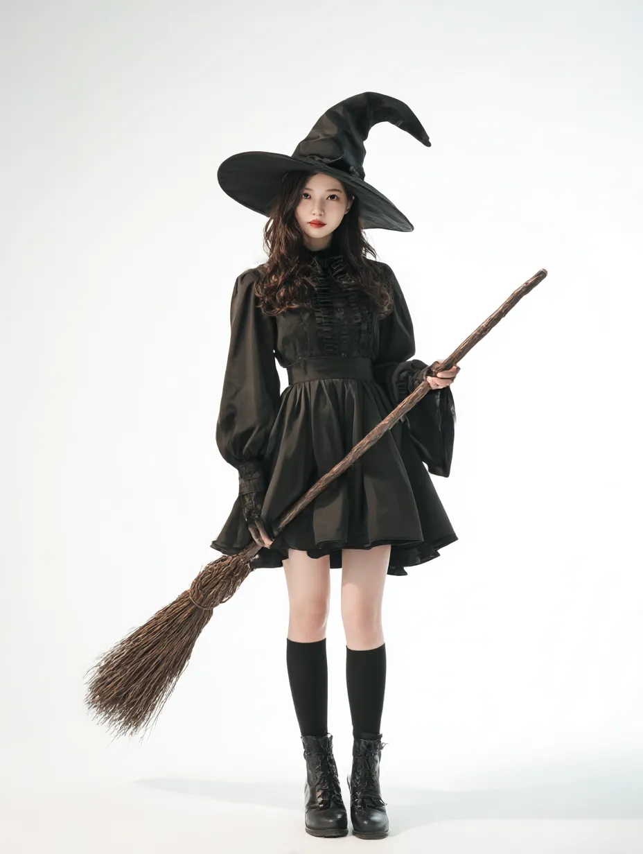 ハロウィン魔女写真・ロングヘアの若魔女｜巻き髪と黒のワンピースドレスで小悪魔的な雰囲気を持つ魔女。シンプルな背景とナチュラルな光が柔らかく全体を包み、かわいさとミステリアスさを両立させた印象。