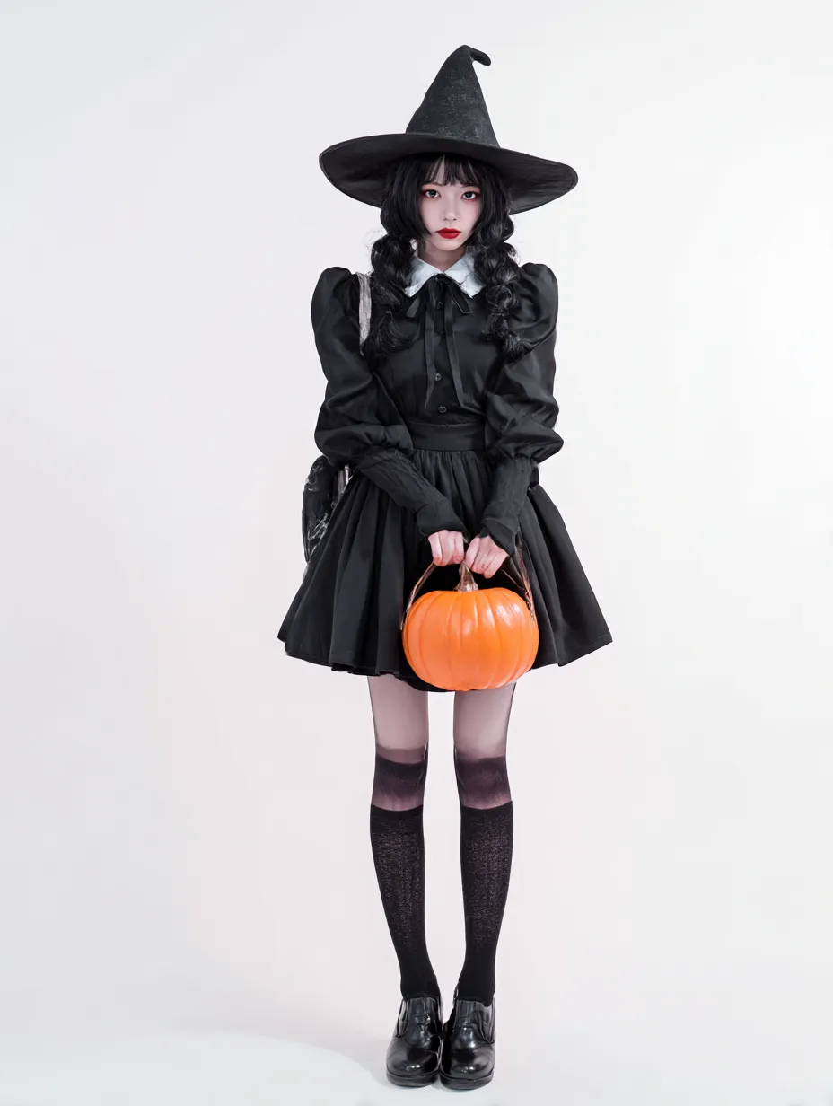 ハロウィン魔女写真・かぼちゃ持ち魔女｜かぼちゃ型バスケットを手にした黒服の魔女が、少女のような可憐な表情で立つ構図。白背景の明るいトーンが衣装とのコントラストを際立たせ、コスプレ感が強調される。