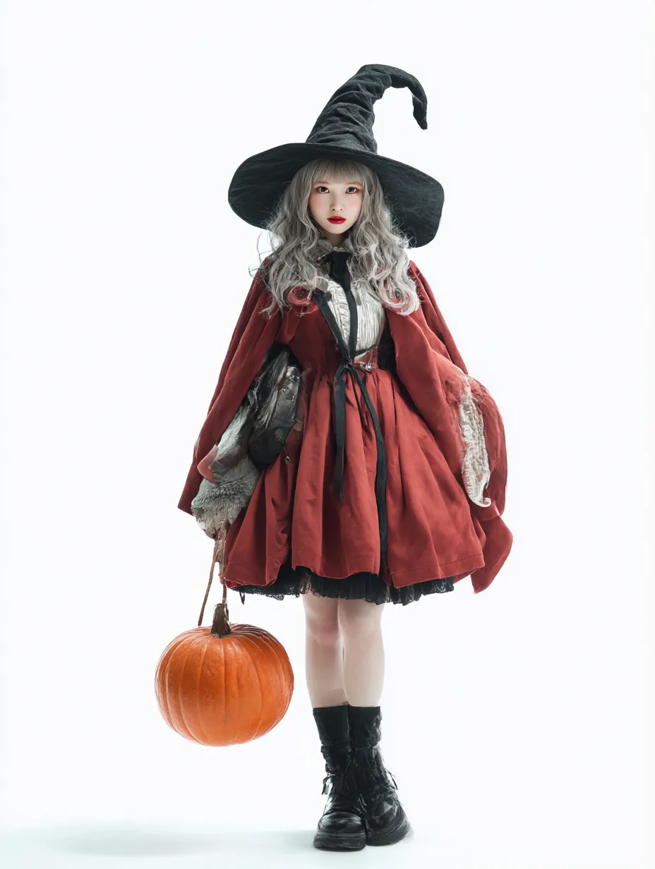ハロウィン魔女写真・赤マントのロリータ魔女｜赤いマントとクラシカルなワンピースを身にまとった魔女。大きなパンプキンと編み上げブーツがアクセントとなり、ロリータ風の幻想的なヴィジュアルが際立つ。