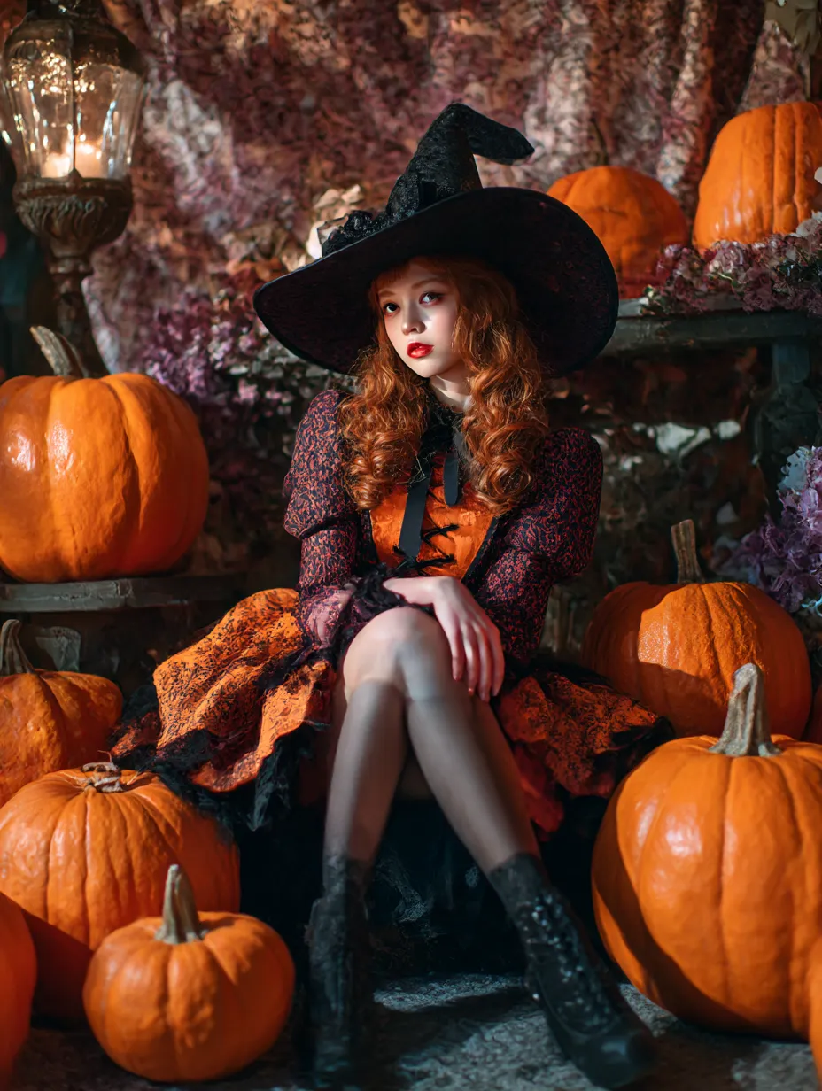 ハロウィン魔女写真・パンプキンに囲まれた魔女｜かぼちゃに囲まれた魔女がヴィンテージな室内で座る構図。オレンジ×黒のドレスが暖色の灯りと調和し、ハロウィンのノスタルジックでゴシックな世界観を演出。