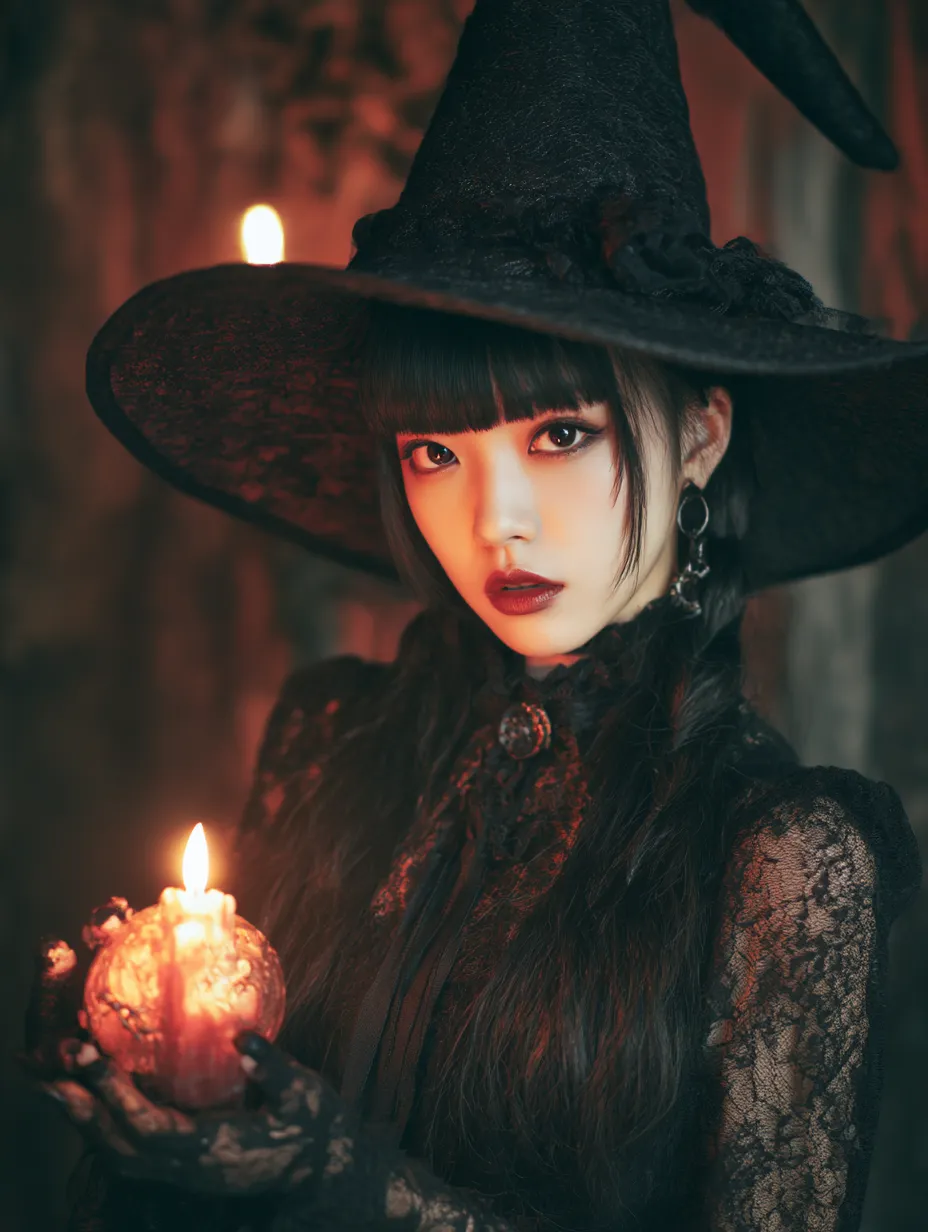 ハロウィン魔女写真・キャンドルの闇魔女｜キャンドルを持った魔女が暗がりでこちらを見つめる構図。繊細なレースの衣装と炎の光が、ダークファンタジー的で少しホラーな空気感を強調している。