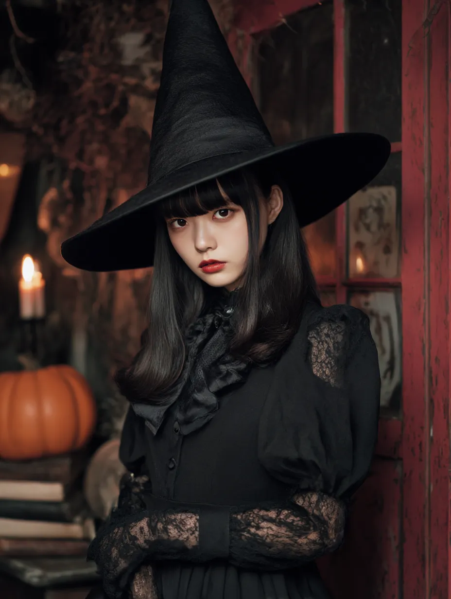 ハロウィン魔女写真・レトロな窓辺の魔女｜赤い扉とろうそくの灯りが映える室内で、静かに佇む魔女。レース袖と高い帽子がクラシックな魔女像を想起させ、まるで童話の一場面のような構図となっている。