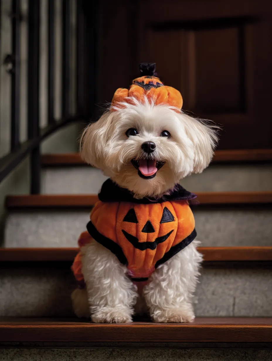 カボチャ衣装のマルチーズ　犬ハロウィンコスプレ写真｜階段に座るマルチーズがジャック・オ・ランタンの仮装を身にまとい、愛らしい笑顔で見上げる構図。暖色系のライティングがハロウィンの温もりを演出し、見ているだけで癒される1枚。