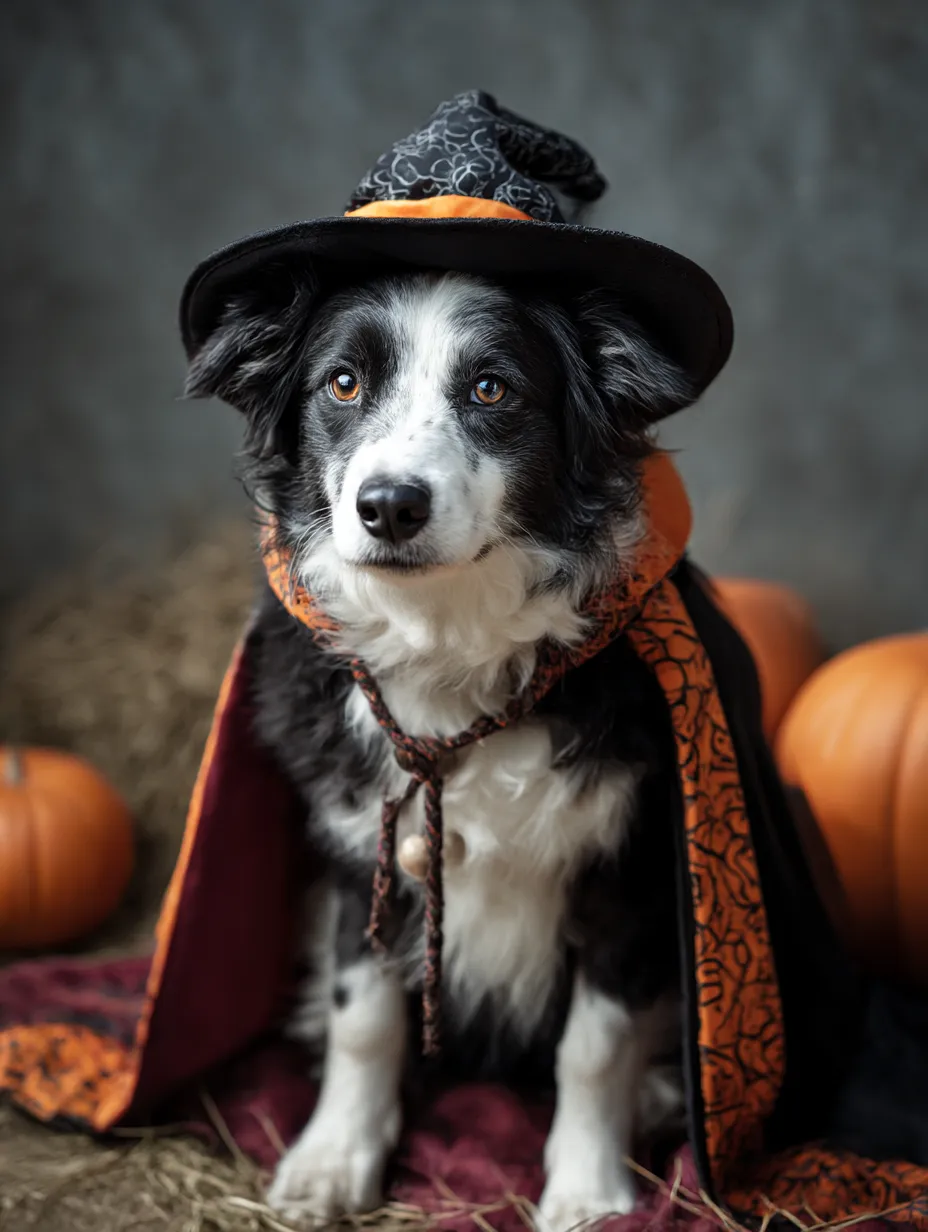 魔女ハットのボーダーコリー　犬ハロウィンコスプレ写真｜魔女帽子とマントをまとったボーダーコリーが干し草の上でポーズ。背景のパンプキンや落ち着いたトーンが秋の雰囲気を引き立て、知的で少し神秘的な印象を醸し出す。