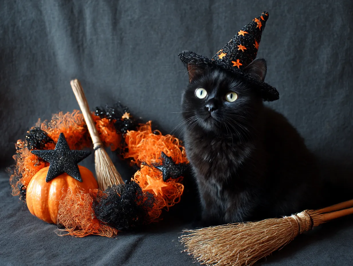 ハロウィンリース写真・黒猫と魔女リース｜黒猫が魔女帽子を被ったユニークな構図の写真は、黒とオレンジの配色が映える本格的なハロウィン演出で、物語性のあるシーンが印象的です。