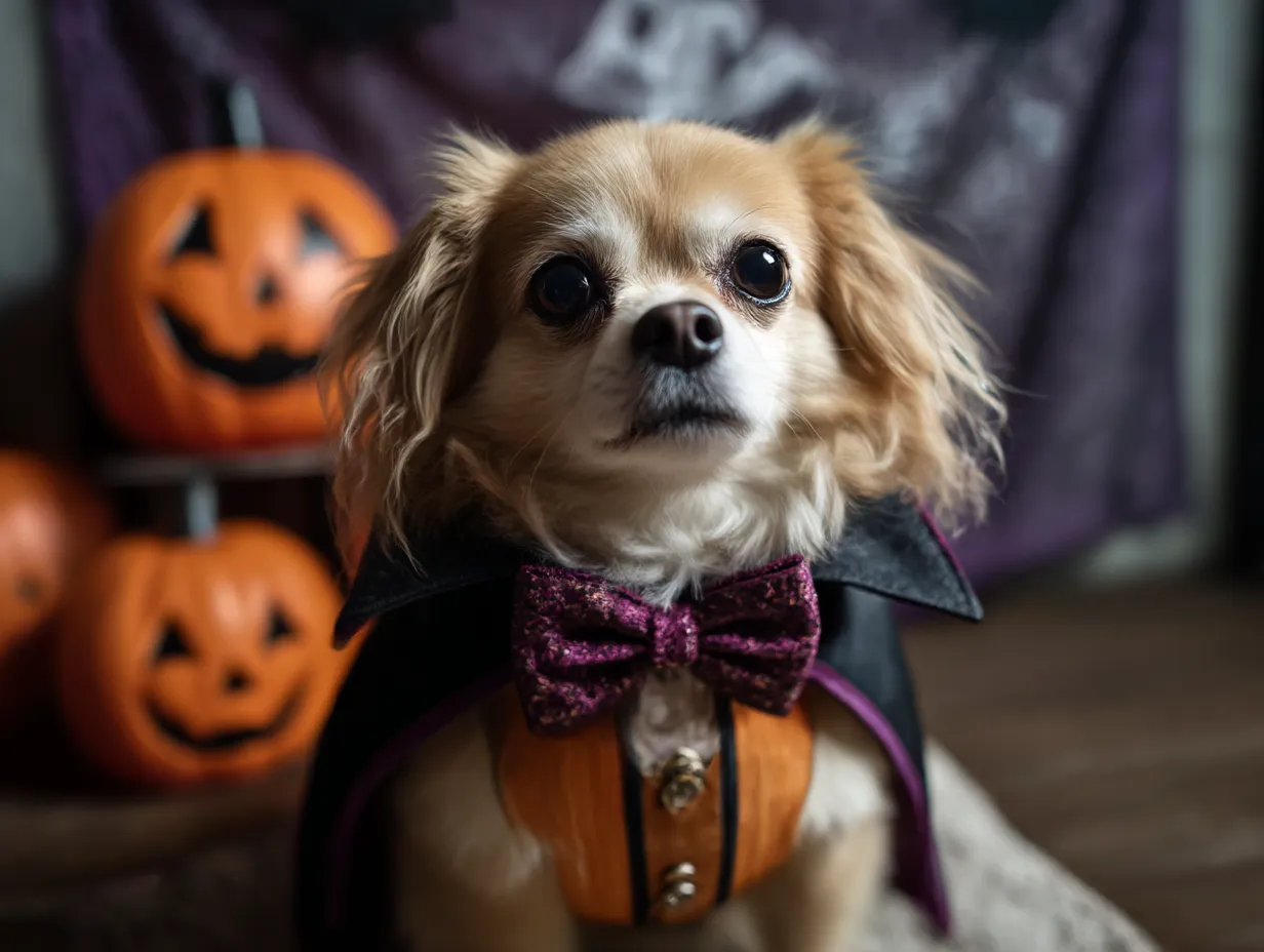 ドラキュラ風チワワの仮装姿　犬ハロウィンコスプレ写真｜吸血鬼風コスチュームに身を包んだチワワが、ジャック・オ・ランタンと共に登場。紫の蝶ネクタイと黒マントがアクセントになり、可愛らしさと少しの不気味さが共存する演出。