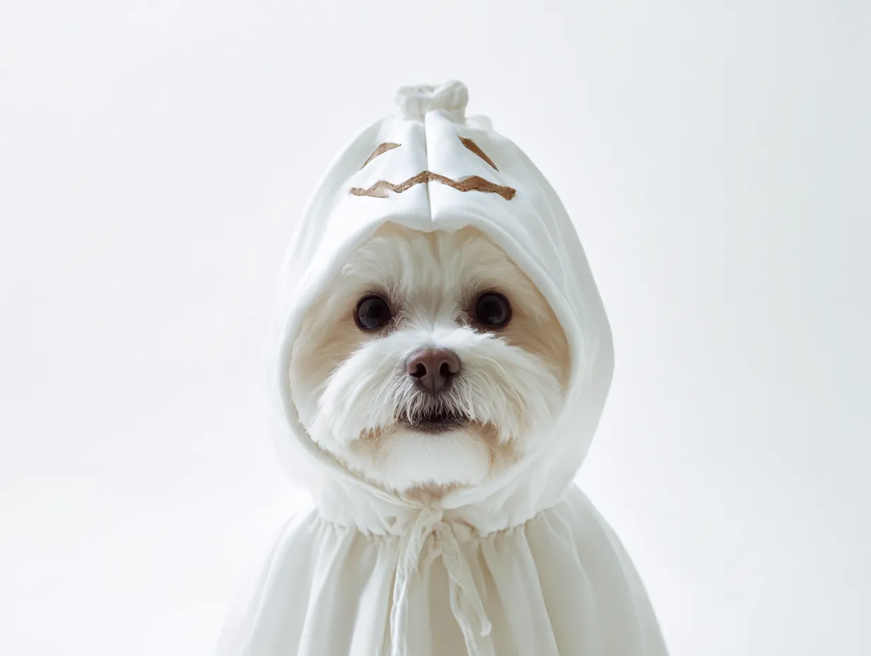 ゴーストフードのマルチーズ　犬ハロウィンコスプレ写真｜白いゴーストのフードを被ったマルチーズが、背景の白と融合するように静かに佇む。最小限の構成でミニマルな美しさが際立ち、幻想的な雰囲気を醸し出す。