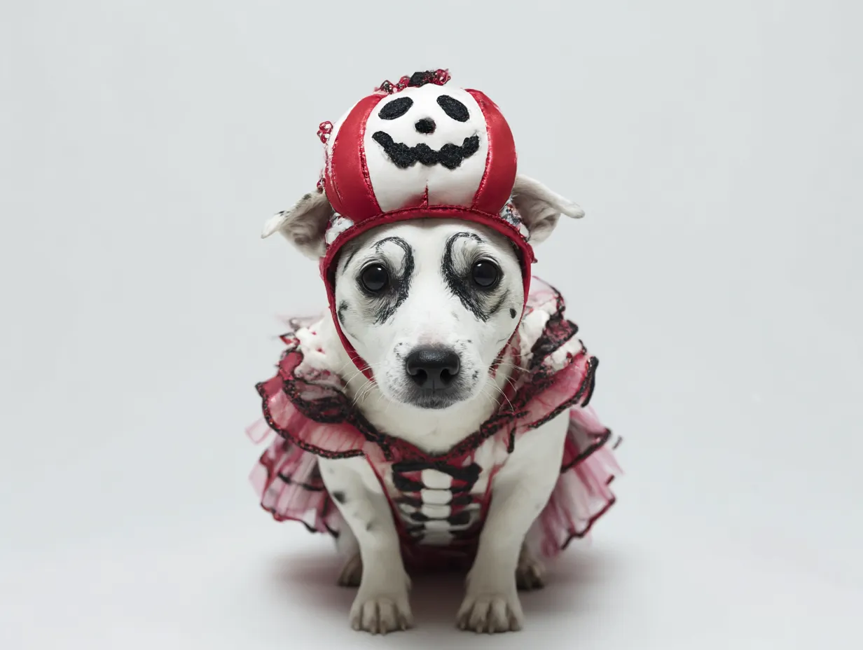 お化け風ピエロのジャック　犬ハロウィンコスプレ写真｜赤と白のピエロ風仮装をした小型犬が、あどけない表情でこちらを見つめる。独特のアイメイクと個性的な衣装が不思議な世界観を演出し、印象に残るヴィジュアルに。