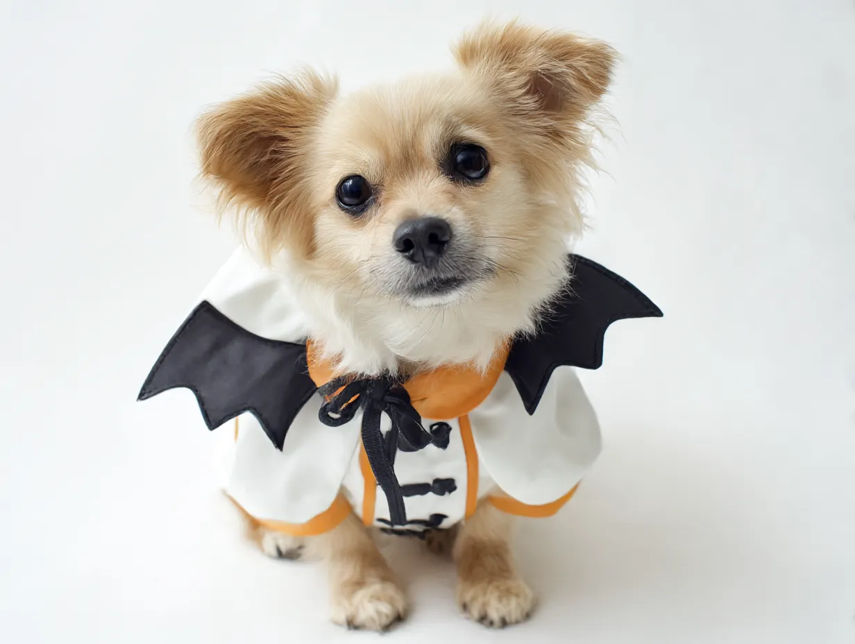 バットマントのポメラニアン　犬ハロウィンコスプレ写真｜こうもりの羽がついた黒とオレンジのコスチュームを着たポメラニアン。白背景でシンプルに構成され、ユニークな衣装のデザインがより際立つ。ポーズもキュート。