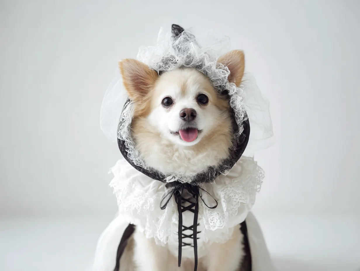 ゴシックロリータ風チワワ　犬ハロウィンコスプレ写真｜レースとフリルが施された白黒のドレスを着たチワワが、可憐に微笑む構図。ゴシックロリータ調のデザインが上品でクラシカルな雰囲気を引き立てる。
