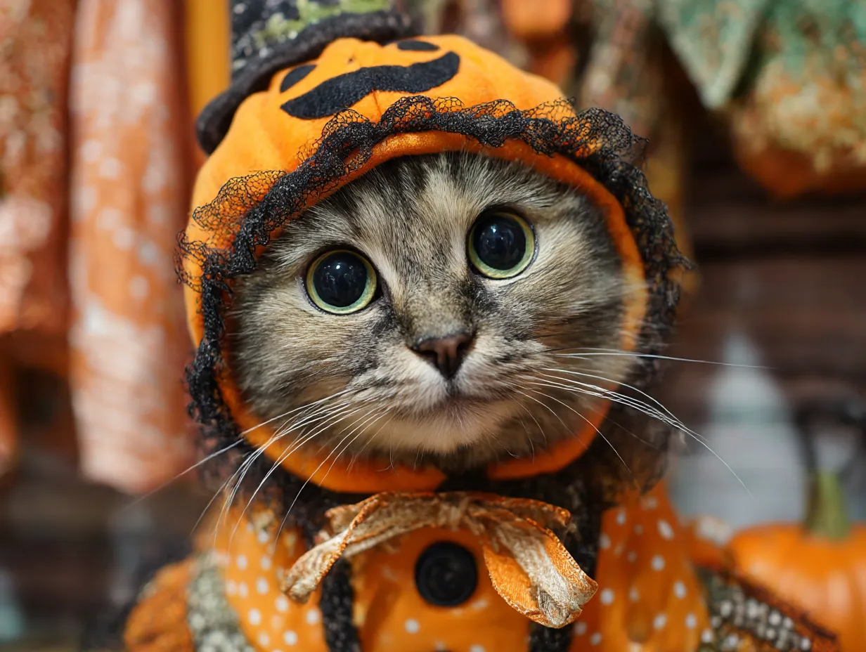 猫ハロウィンコスプレ写真　パンプキン帽子の子猫｜オレンジのかぼちゃ帽子に黒レースとリボンが施され、瞳の大きな子猫が主役。背景の暖色系が秋の温もりを演出し、可愛さと季節感が際立つ1枚。