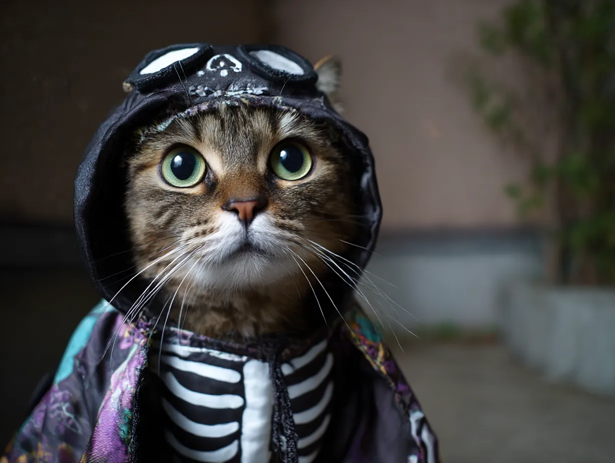 猫ハロウィンコスプレ写真　スケルトンフードのキジトラ猫｜黒いフードに骸骨プリントを合わせたキジトラ猫の姿が印象的。背景の暗がりと衣装のコントラストが、ハロウィンらしい不思議な雰囲気を引き立てる。