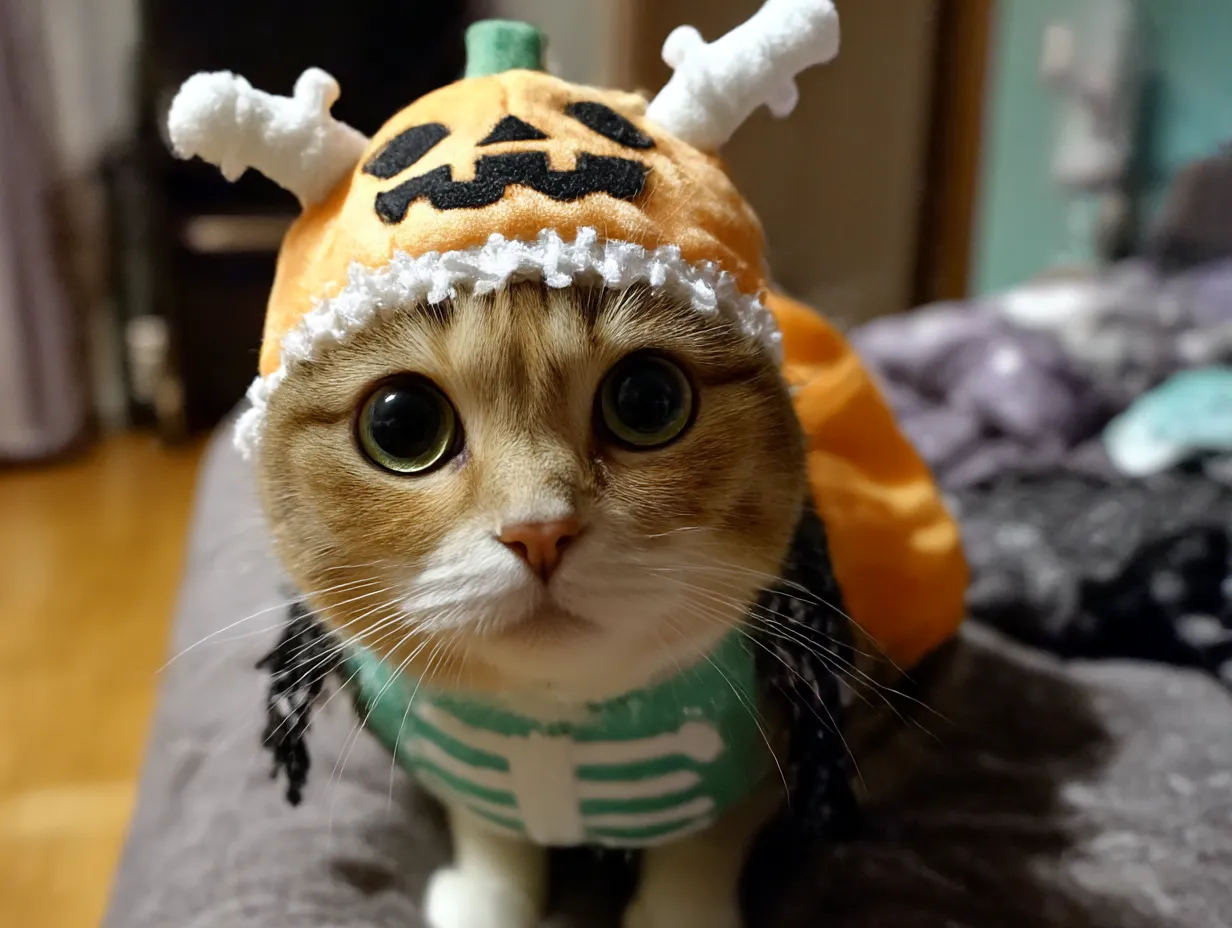 猫ハロウィンコスプレ写真　骨つきかぼちゃ帽子の猫｜骨飾り付きのかぼちゃ帽子と緑のボーン柄服が個性的。部屋の中の柔らかな光と猫のつぶらな瞳が、ユーモラスで愛嬌たっぷりの雰囲気をつくり出している。