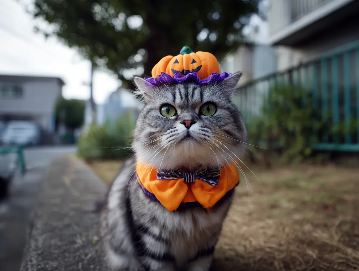 猫ハロウィンコスプレ写真　ベランダのパンプキン紳士猫｜屋外の自然光と街中の風景を背景に、かぼちゃモチーフの衣装でキメた長毛猫。落ち着いた視線と季節感ある装いが、優雅で温かな秋の空気を感じさせる。