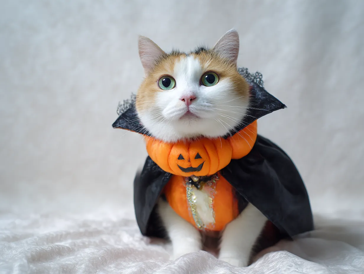 猫ハロウィンコスプレ写真　パンプキンマントの三毛猫｜三毛猫が黒マントとパンプキンの襟飾りを身に纏い、ドラキュラ風に演出。背景は柔らかな布地で、クラシカルで落ち着いたホラーテイストに仕上がっている。