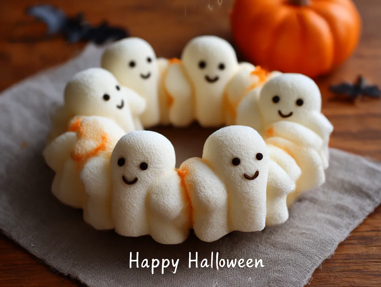 ハロウィンリース写真・おばけスイーツリース｜ふわふわ素材のおばけ型スイーツが輪になったリースは、まるでお菓子のような可愛さ。柔らかい質感と笑顔が見る人を和ませます。