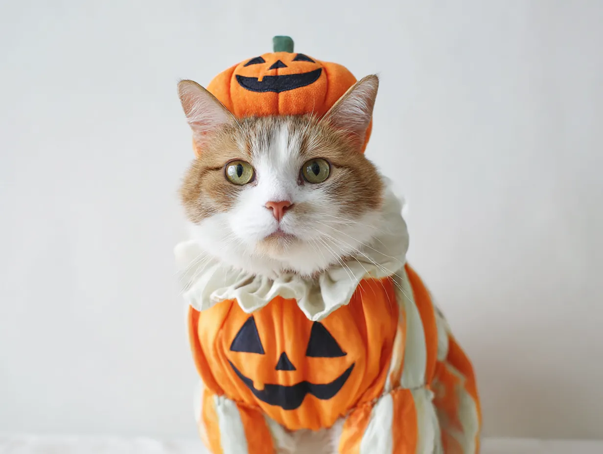 猫ハロウィンコスプレ写真　クラウン風かぼちゃ猫コスチューム｜白背景に浮かび上がる、かぼちゃ模様のクラウン風衣装の茶白猫。衣装の立体感と猫の正面視線が、ハロウィンらしいインパクトとポップさを生み出している。