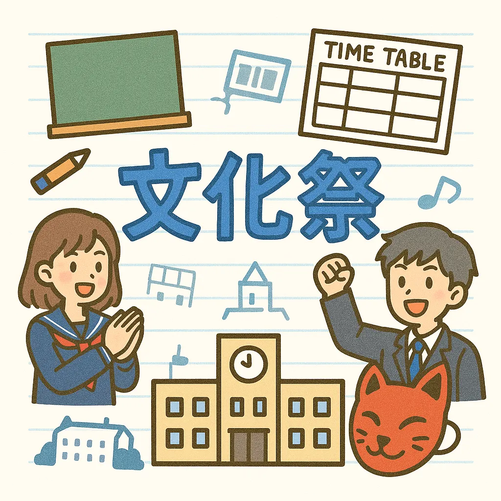 文化祭イラスト　校舎と生徒が主役の文化祭風景｜中央に「文化祭」の青文字、背景に校舎や黒板、タイムテーブルなどが描かれた全体構成。制服姿の男女生徒が楽しげに描かれ、学校行事感があふれる明るいタッチ。