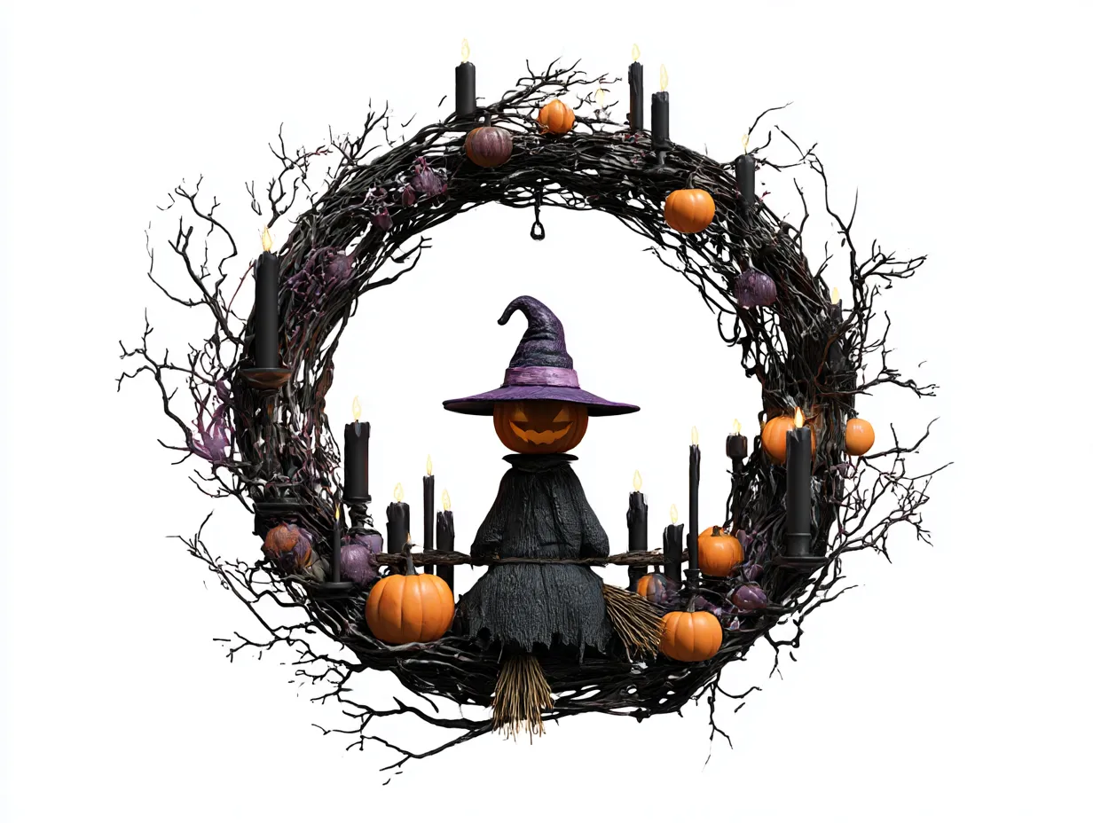ハロウィンリース写真・枝と魔女の本格リース｜黒い枝とキャンドルで構成されたリースに魔女が中心に配置された一枚は、ダークで神秘的な雰囲気を放ち、大人向けのハロウィン装飾にぴったりです。