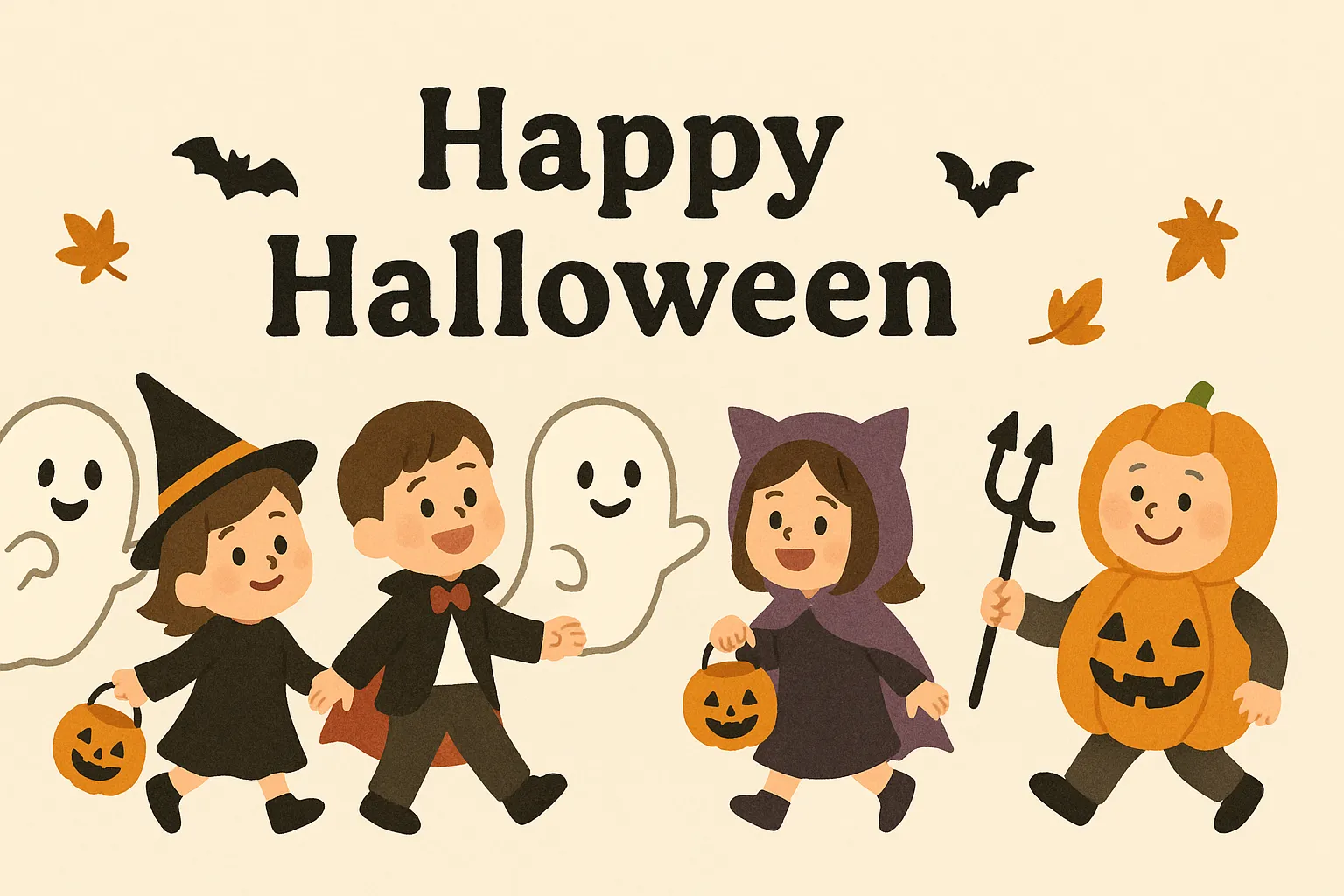 10月かわいい壁面　ハロウィン仮装の子どもたち｜魔女やカボチャなどに仮装した子どもたちが並ぶハロウィンの楽しいひととき。温かい色合いと丸みのあるデフォルメ表現で、にぎやかでやさしい雰囲気が漂います。
