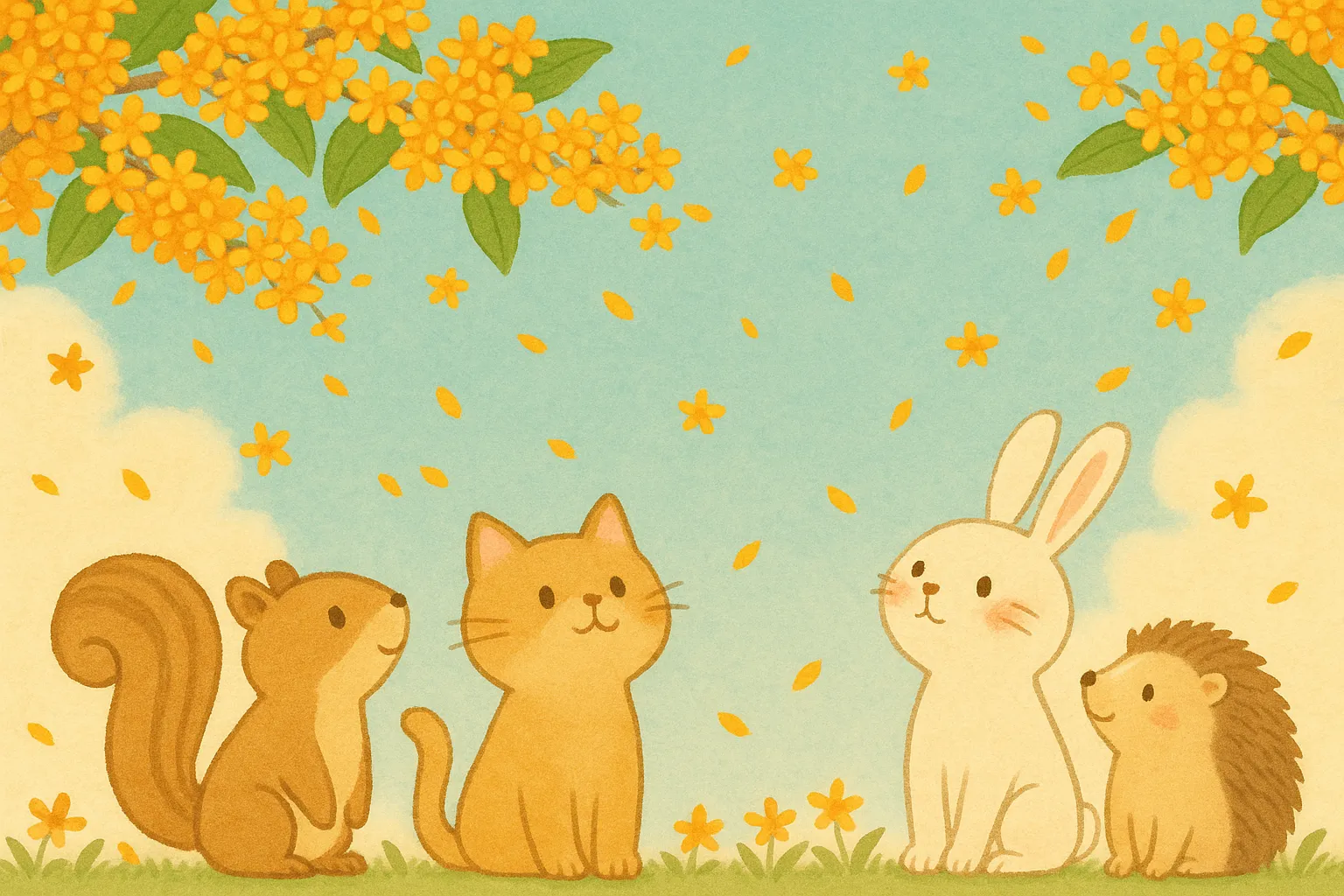 10月かわいい壁面　金木犀と森の動物たち｜金木犀の花が舞う秋空の下、リスやネコ、うさぎたちが並ぶ癒しのひと場面。素朴で親しみやすい線とパステル調の配色で、穏やかでほのぼのとした世界観を描いています。