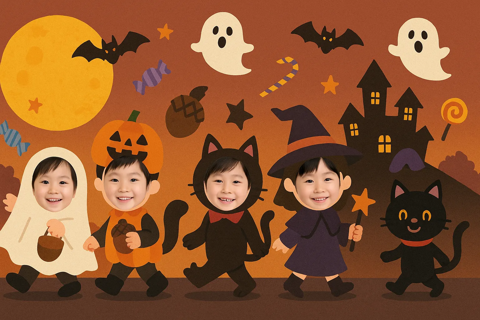 10月保育壁面・ハロウィン仮装の子どもたち｜おばけやかぼちゃ、黒猫などの衣装で仮装した子どもたちが行進する、にぎやかで楽しいハロウィン風景。背景のオレンジトーンが季節感を演出し、壁面に活気を添えます。