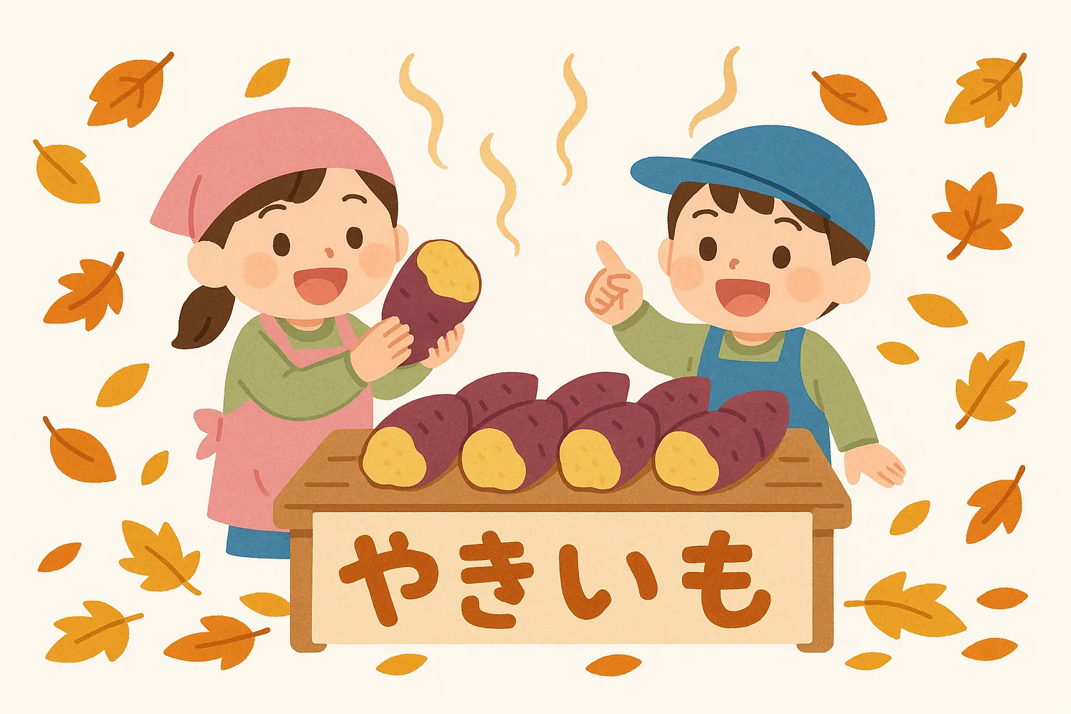 10月保育壁面・やきいも屋さんごっこ｜にこやかな子どもたちが焼き芋を並べる秋のごっこ遊び風景。湯気や笑顔の表情が温かく、秋の味覚をテーマにした壁面装飾にぴったりの親しみやすいイラストです。
