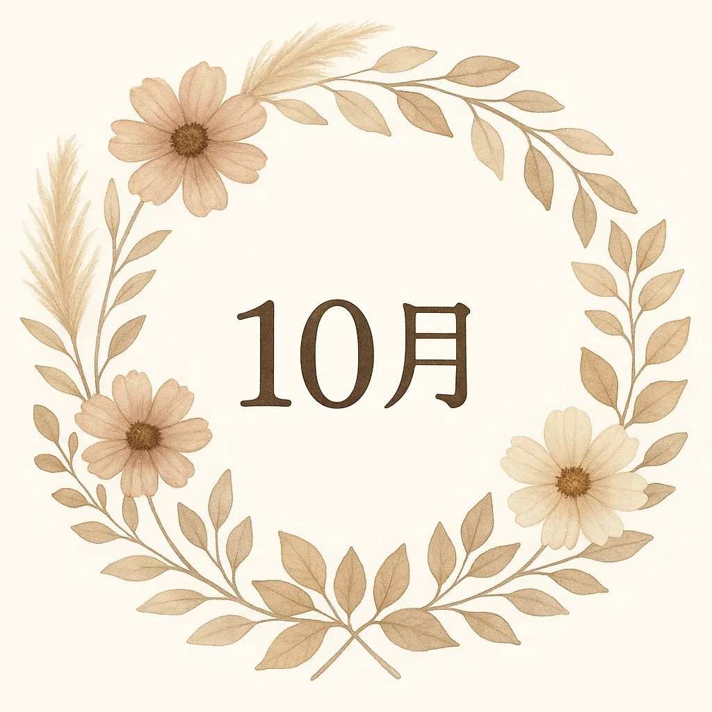 10月高齢者壁面・コスモスとリースの10月文字｜ベージュを基調とした優しい色合いでコスモスや葉がリース状に配置され、中央に「10月」の文字が描かれた品のある構図。落ち着いた雰囲気で高齢者の空間に調和します。