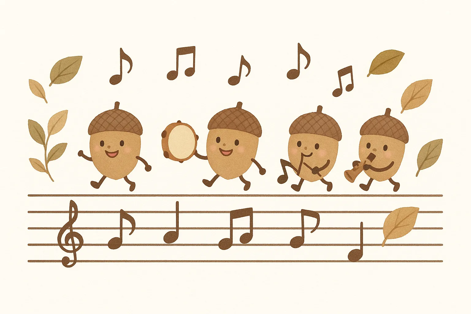 10月高齢者壁面・どんぐり楽団の音楽会｜楽譜の上をどんぐりたちが演奏しながら行進する、ほんのりユーモアのある癒し系イラスト。穏やかな色調が大人にもなじみ、音楽イベントの装飾にもぴったりです。