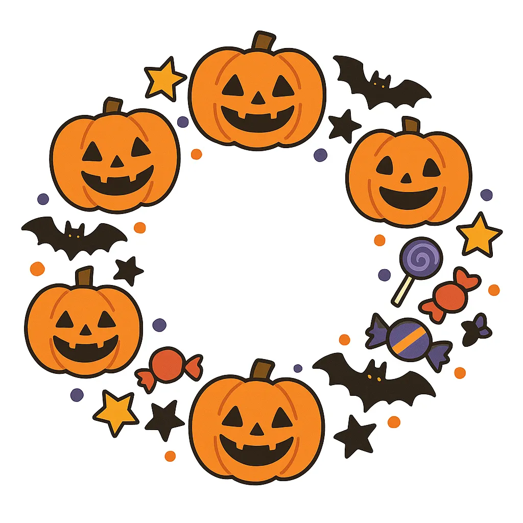 ハロウィン壁面・かぼちゃリースの飾り｜にこにこ顔のジャック・オー・ランタンが輪を描くように並び、コウモリやキャンディ、星が彩りを添えるポップな構成。明るく楽しい雰囲気で壁面を華やかに演出します。