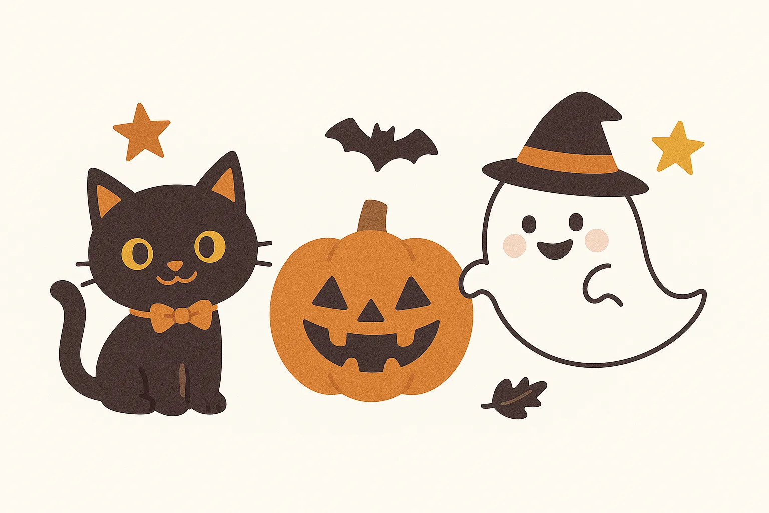ハロウィン壁面・黒猫とおばけの仲良しセット｜黒猫・かぼちゃ・おばけが並ぶシンプル構成。線の太いイラストが印象的で、絵本のような親しみやすいテイスト。小スペースにも使いやすい壁面素材です。