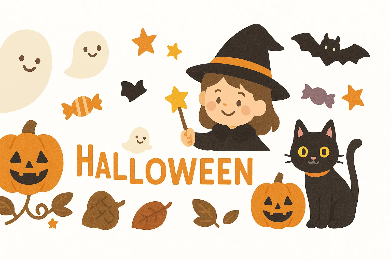 ハロウィン壁面・魔女っ子とおばけのパーティ｜魔女の女の子とおばけ、黒猫、かぼちゃたちが笑顔で集う、にぎやかで楽しげなパーティ風景。英語の“Halloween”文字入りで季節感を一層引き立てます。