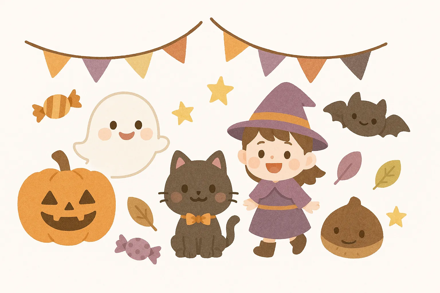 ハロウィン壁面・旗飾りと魔女のガーランド｜やさしいパステル調の配色で、魔女や黒猫、おばけ、こうもりなどがにぎやかに配置された温かみのあるガーランド風デザイン。保育室にもなじみやすい雰囲気です。