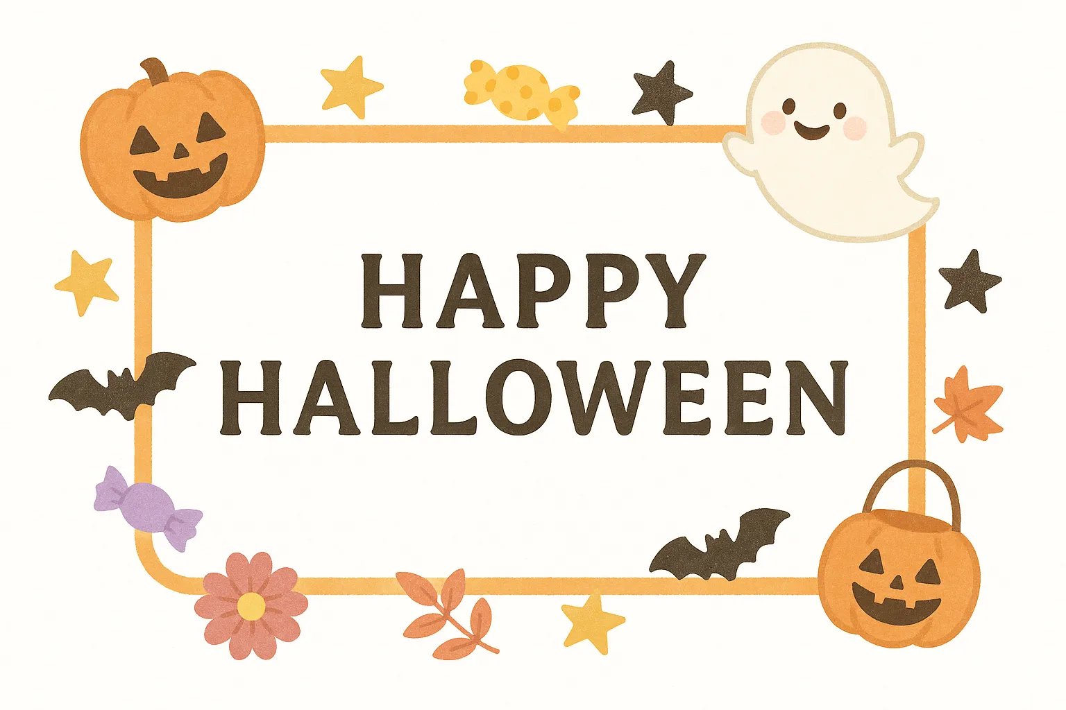 かわいいハロウィン・おばけとフレーム飾り｜ジャック・オー・ランタンやおばけ、こうもりやキャンディなどが四角いフレームを囲むポップな構図。にっこり笑顔のキャラたちが親しみやすく、明るく楽しい雰囲気です。