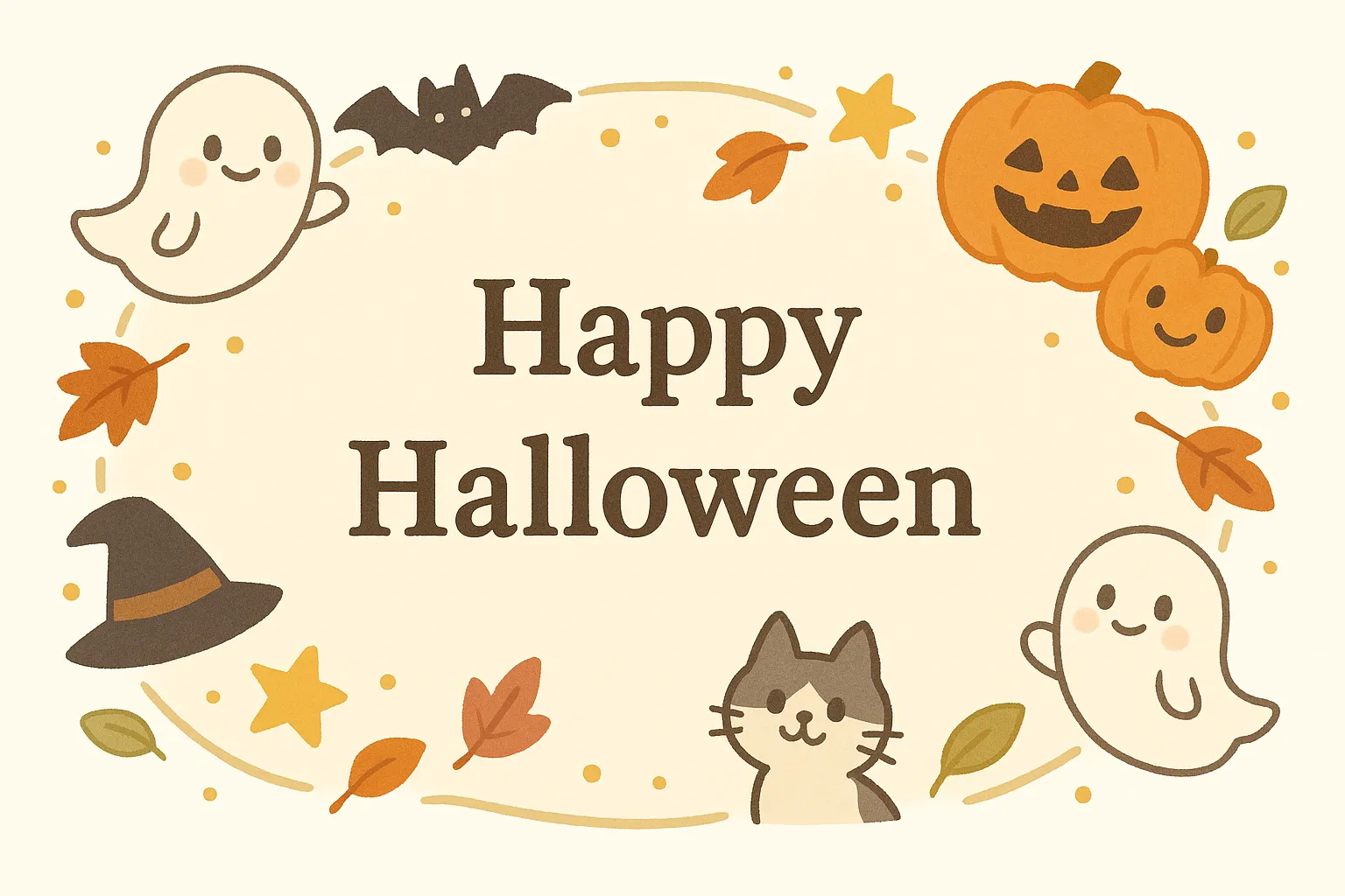 かわいいハロウィン・おばけと猫の囲み飾り｜おばけ・こうもり・かぼちゃ・魔女帽子などがふんわり囲むデザインに、猫のキャラがアクセント。やわらかな色調で、優しい可愛らしさがあふれる構成です。
