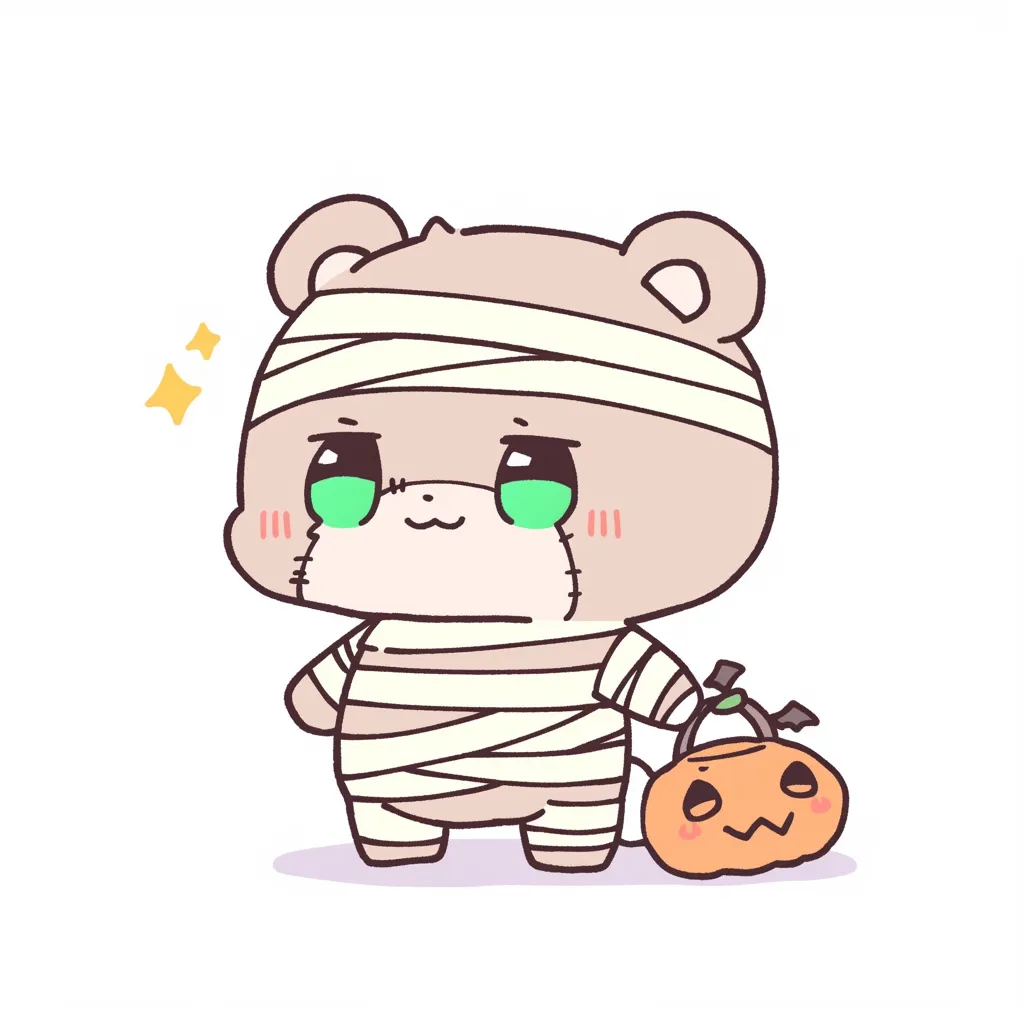 かわいいハロウィン・ミイラくまの仮装姿｜ミイラに仮装したくまが、目をきらきらさせて立っているキュートな一枚。デフォルメされた等身と淡い線が、ぬいぐるみのような愛らしさを引き立てます。
