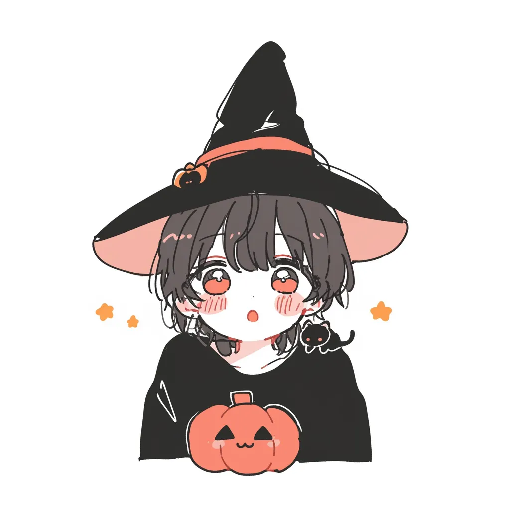 かわいいハロウィン・魔女っ子のいたずら顔｜大きな魔女帽子に黒猫、パンプキンを添えた女の子が印象的な構図。頬を染めた表情や星飾りがアニメ風で、手描き感のあるラフな線が魅力の1枚です。