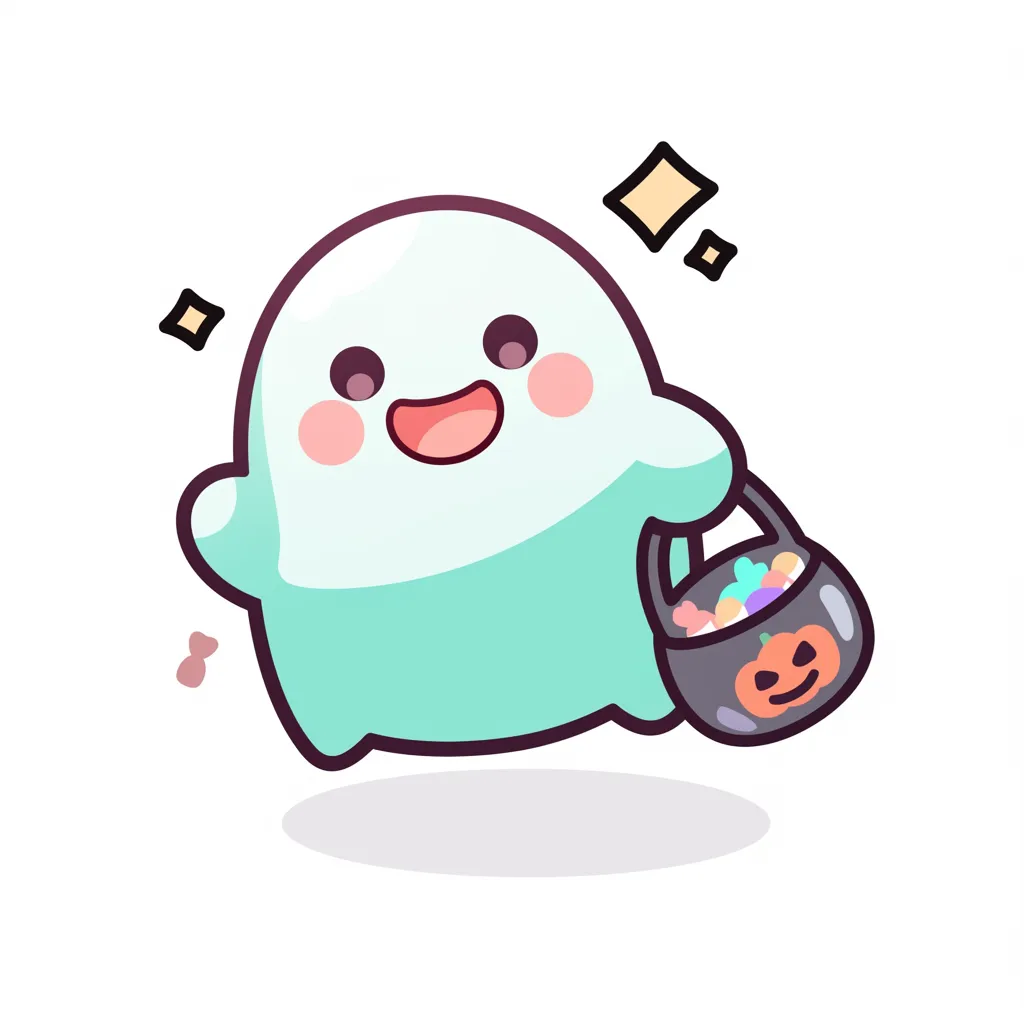 かわいいハロウィン・お菓子を持つおばけ｜水色の丸いおばけが、キャンディ入りのかぼちゃバスケットをうれしそうに持つ姿。ぷにっとしたフォルムとパステル調の配色で、癒し系の可愛さが際立ちます。