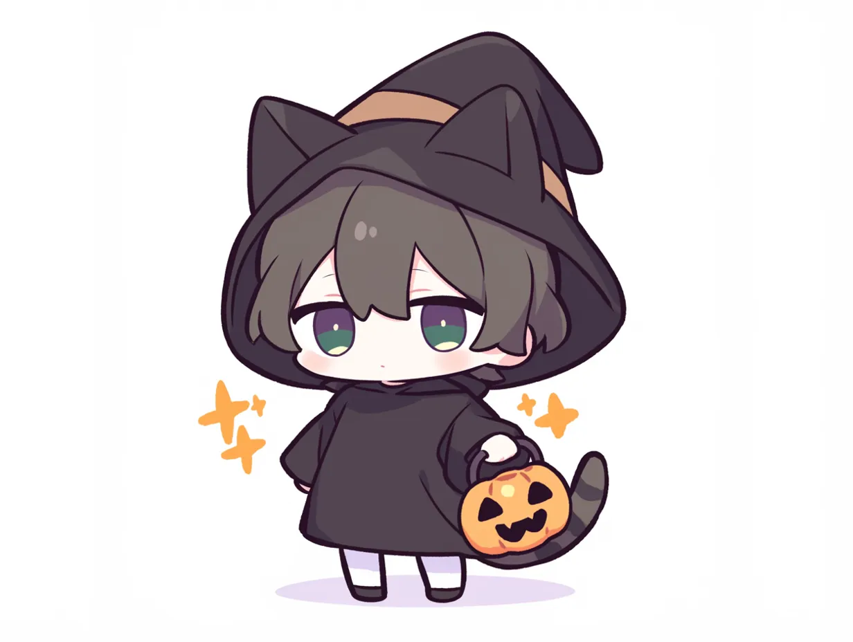 かわいいハロウィン・黒ねこパーカーの仮装｜黒ねこ風の帽子としっぽつきフードをかぶった男の子キャラが、かぼちゃランタンを持つキュートな仮装姿。全体のまるみとやさしい色調が温かい印象を与えます。