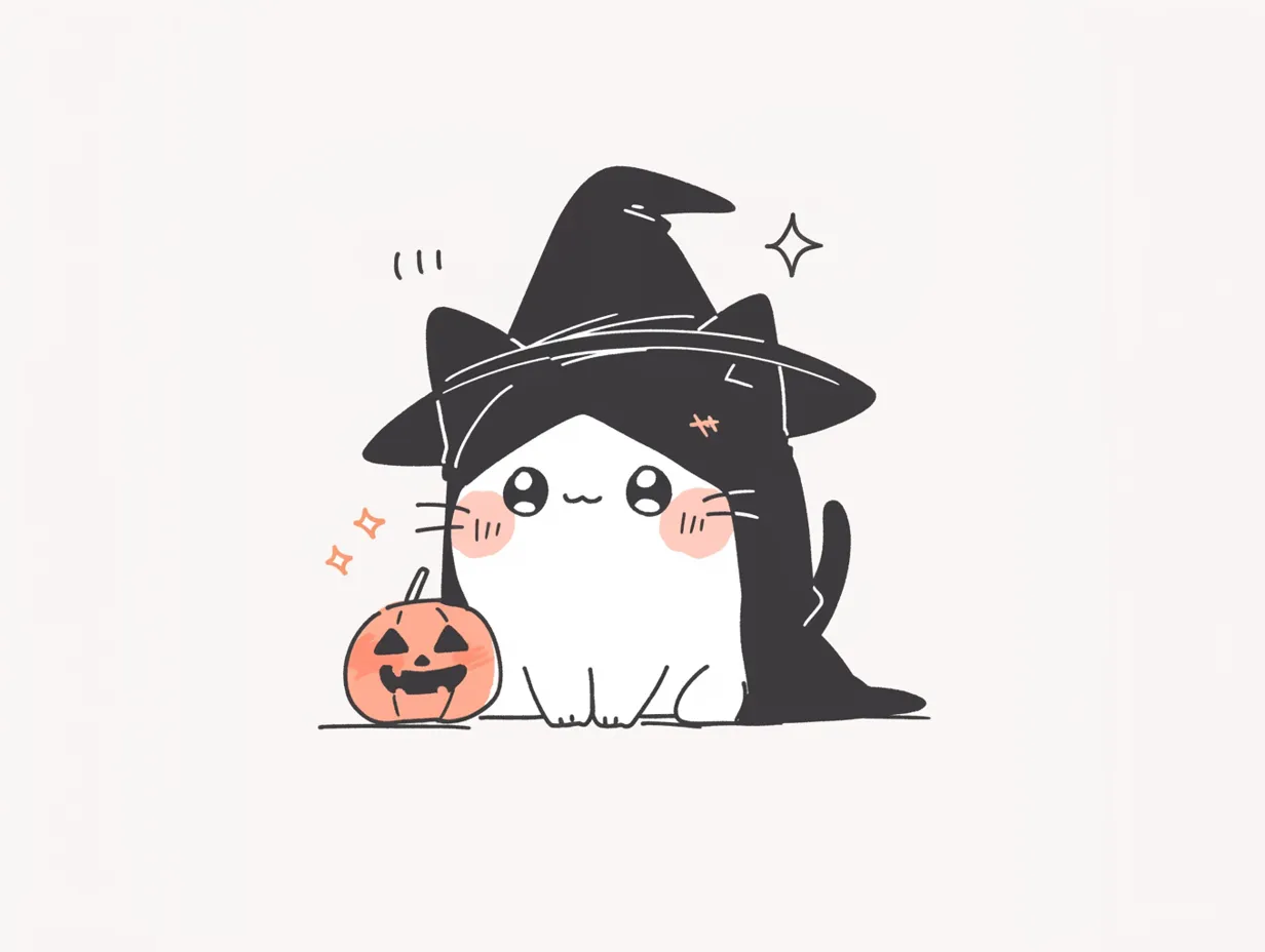 かわいいハロウィン・魔女帽子のねこ仮装｜黒い魔女帽子をかぶった白ねこが、かぼちゃランタンの横でちょこんと座る構図。ミニマルな線と控えめな色合いが、大人にも好まれるシンプルな可愛さを演出します。